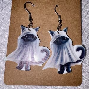 Halloween Spooky Cute Cat Ghost Dangle Earrings NEW